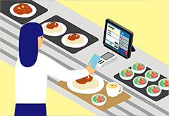 電子マネーでセルフ決済をしている女性のイラスト