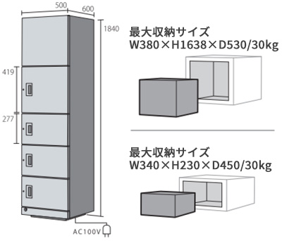 最大収納サイズ W380×H370×D530/30kg、最大収納サイズ W380×H155×D530/30kg